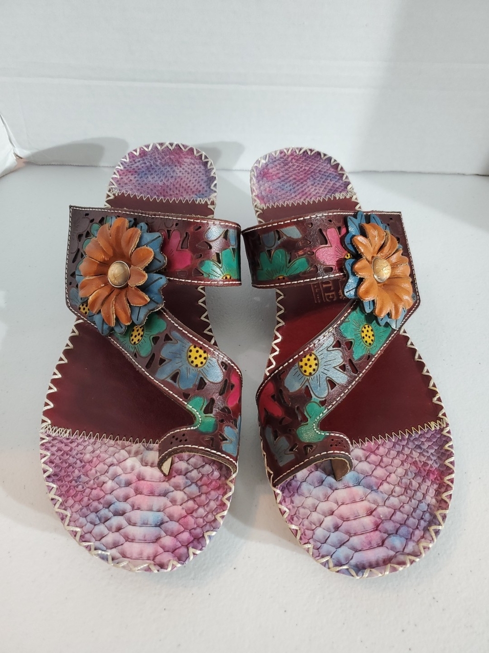 EUC L'Artiste Womens Sz 41 Hand-Painted Floral Leather Slide Sandals Multicolor
